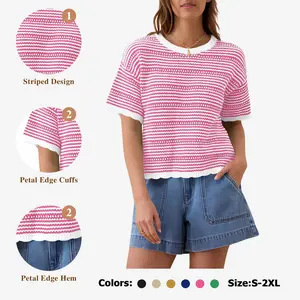 Fisoew Women's Cropped Sweater Tops Summer Striped Short Sleeve Crewneck Casual Knit Hollow Out Loose Beach Cover Ups