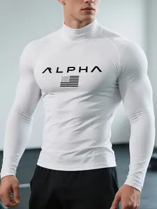 1-Pack Men's Quick Dry Stretch Fitness T-Shirt, High Neck Long Sleeve Compression Workout Top with Alpha Print, Moisture Wicking Tight Athletic Shirt for All Season Wear, Compression Workout Shirts, Gym Athletic Clothes