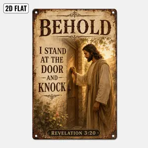 Jesus Knocking At The Door Metal Sign, Revelation 3:20 Christian Wall Decor, 8x12 Inch Vintage Religious Tin Sign For Prayer Room Home