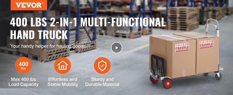 VEVOR Aluminum Folding Hand Truck, TikTokShopBlackFriday, 2 in 1 Design Max 800 lbs Capacity, Heavy Duty Industrial Collapsible cart, Dolly Cart with Rubber Wheels for Transport and Moving in Warehouse, Supermarket, Garden