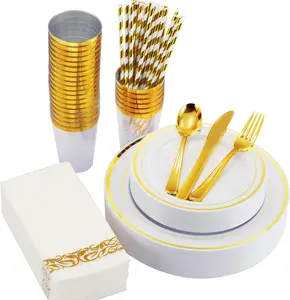 200 PCS Gold Dinnerware Set for 25, Heavy Duty Disposable Plates with Gold Rim for Party