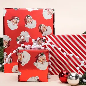Vintage Santa Christmas Wrapping Paper Roll - Double-sided Foil Gift Wrap With Candy Cane Stripes Holiday For Xmas Presents & Decorations, Wrapping Paper trend