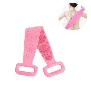 Shower silicone body scrub brush with exfoliating and back-cleansing towel（Pink）