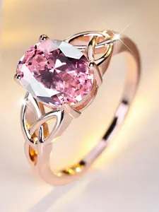 Elegant Pink Synthetic Crystal Big Oval Stone Rings For Women Vintage Hollow Rose Gold Color Wedding Band Bridal Jewelry Engagement Gifts