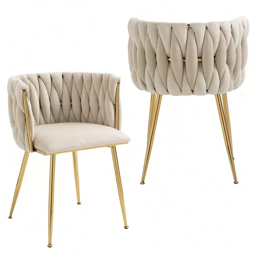 Modern Velvet Dining Chairs Set Of 2 Hand Weaving Accent Chairs Living Room Chairs Upholstered Side Chair With Golden Metal Legs For Dining Room Kitchen Vanity Living Room