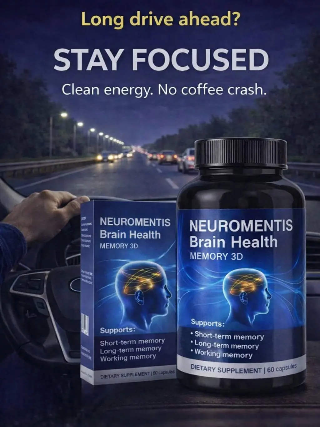 Dietary Brain Support Supplement Capsules for Drivers – No Caffeine, No Crash, Clean Mental Focus and Clarity for Long Drives, Night Shifts and Long Work Hours, Non-Caffeine Formula Designed to Support Mental Endurance, Attention and Steady
