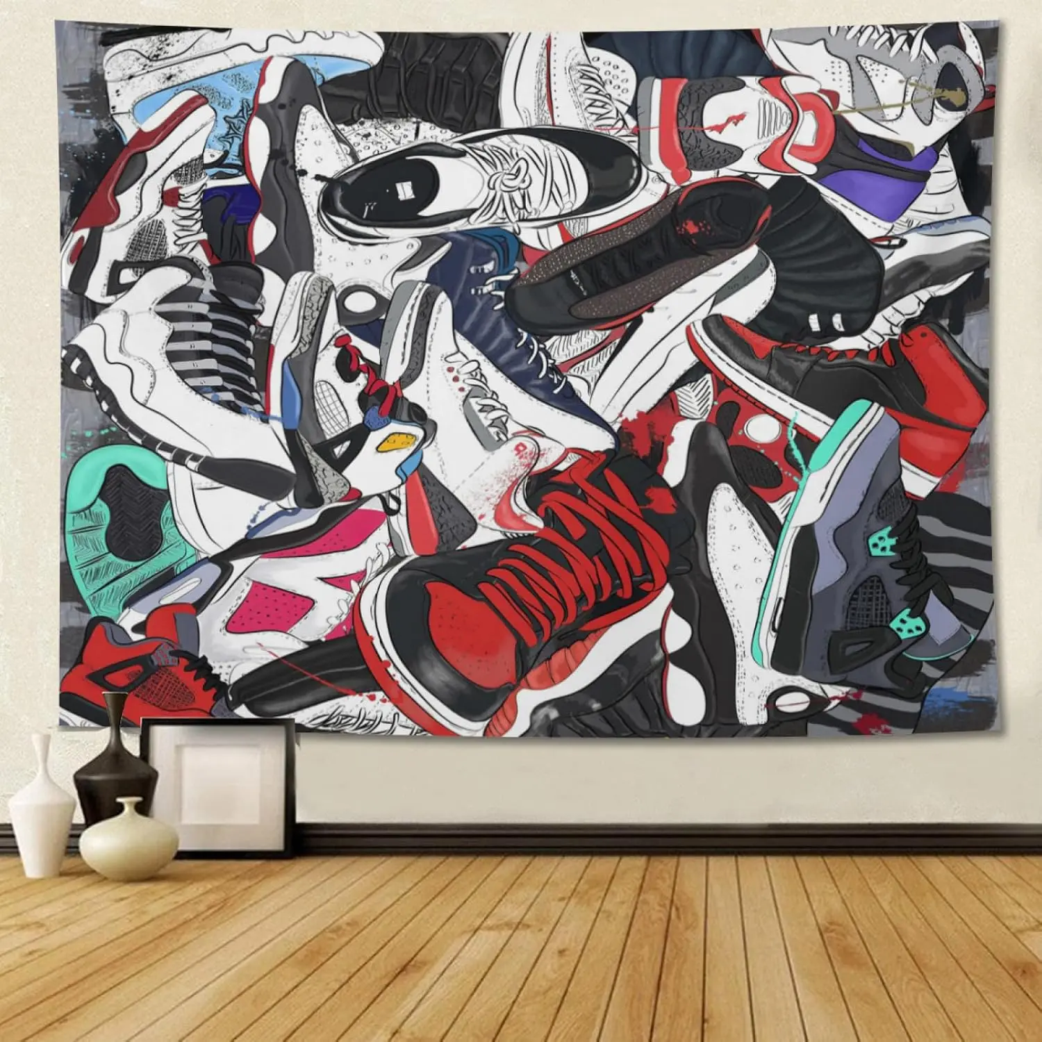 Retro Basketball Tapestry Wall Hanging Party Decorations Sport Shoes Poster Sneaker Ball Sneaker Head Backdrops Banner for Birthday Celebration Basketball-Themed Bedroom Aesthetic Room 40 x60inch Decorative Gift