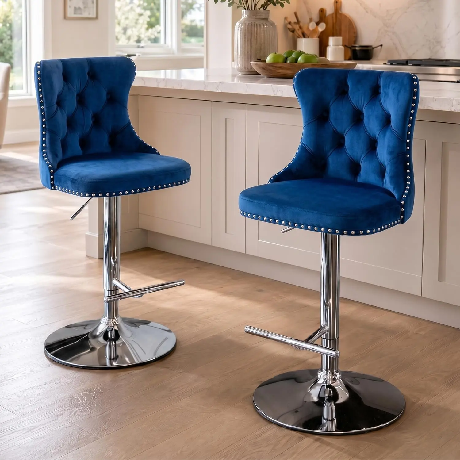 Swivel Bar Stools Set of 2, Counter Height Barstools with High Back, Button Tufted and Nailheads Trim, Velvet Upholstered Bar Chairs for Home Pub and Kitchen Island