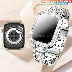 KAYKWONG'S High Definition Imitation Diamond Watch Case and Metal Watch Band, Sparkling Artificial Diamonds Set, Compatible with IWatch 11-4 Series, Size for 40mm-49mm