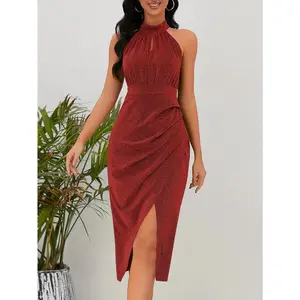 Solid color stand up collar dress, elegant sleeveless slim fit slit thigh asymmetrical dress for spring and autumn, women's fashion