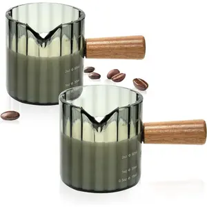 Espresso Cups Set of 2, 4 OZ Espresso Shot Glass with Handle V-Shaped Mouth, Ribbed Milk Frothing Pitcher, Glass Measuring Cup,Cappuccino Cup, Coffee Bar Accessories (Gray)