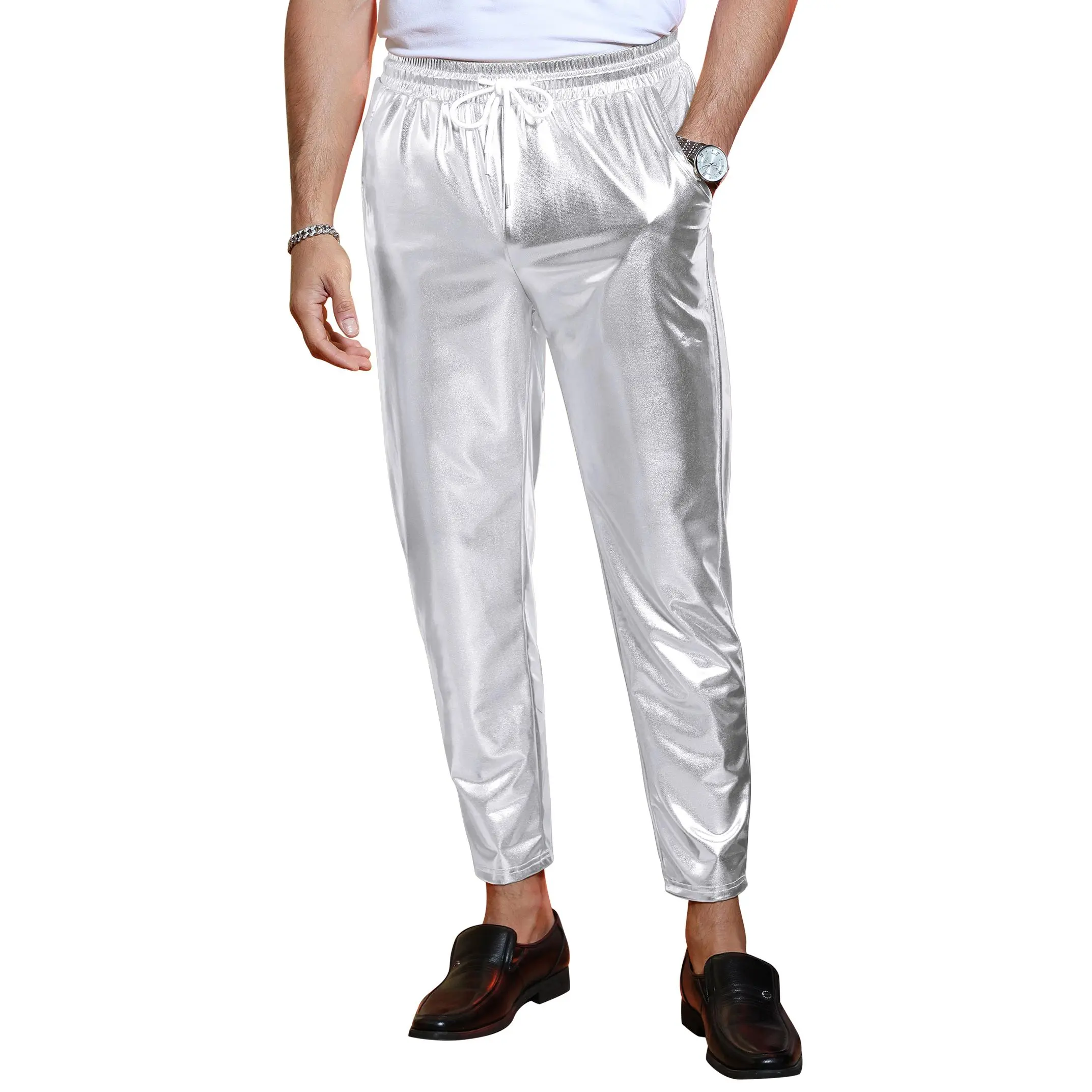 Men's Metallic Gold Drawstring Skinny Pants, Shiny Stretch Trousers for Parties, Disco & Club Nights