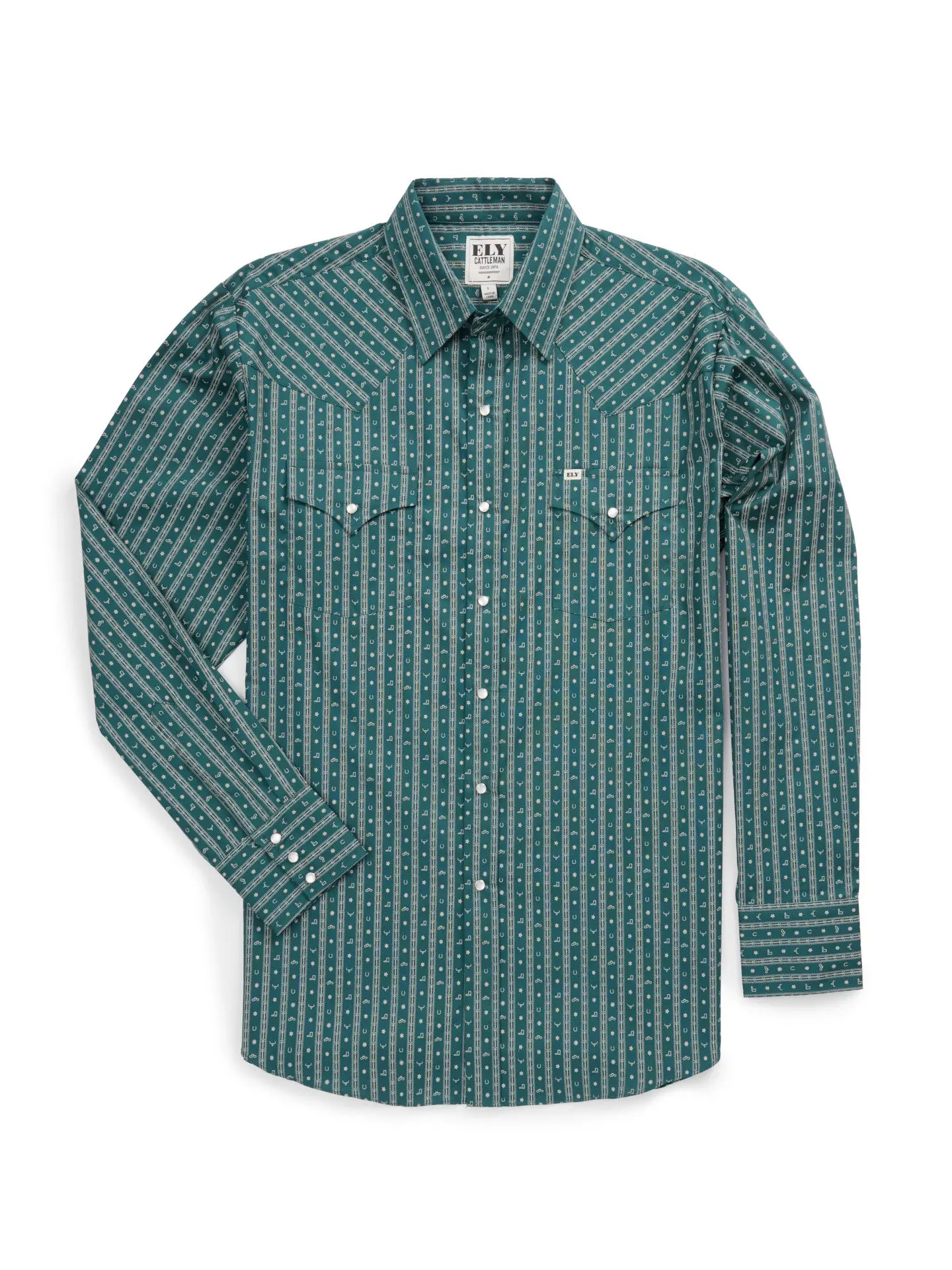 Men's Ely Cattleman Longsleeves Western Snap Shirt - Teal, Barbed Wire Print, Casual Menswear Top with Pocket