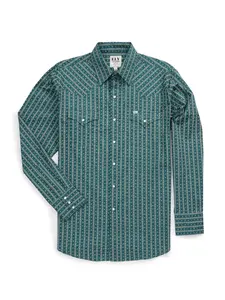 Men's Ely Cattleman Long Sleeve Barbed Wire Print Western Snap Shirt- Teal
