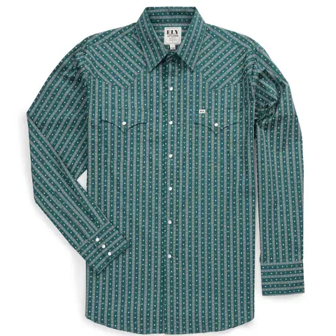 Men's Ely Cattleman Cotton Western Snap Button Shirt - Long Sleeves, Collared Lapel, Teal Barbed Wire Graphic, Authentic Front & Back Yokes, Casual Pocket, Country Concert Outfit