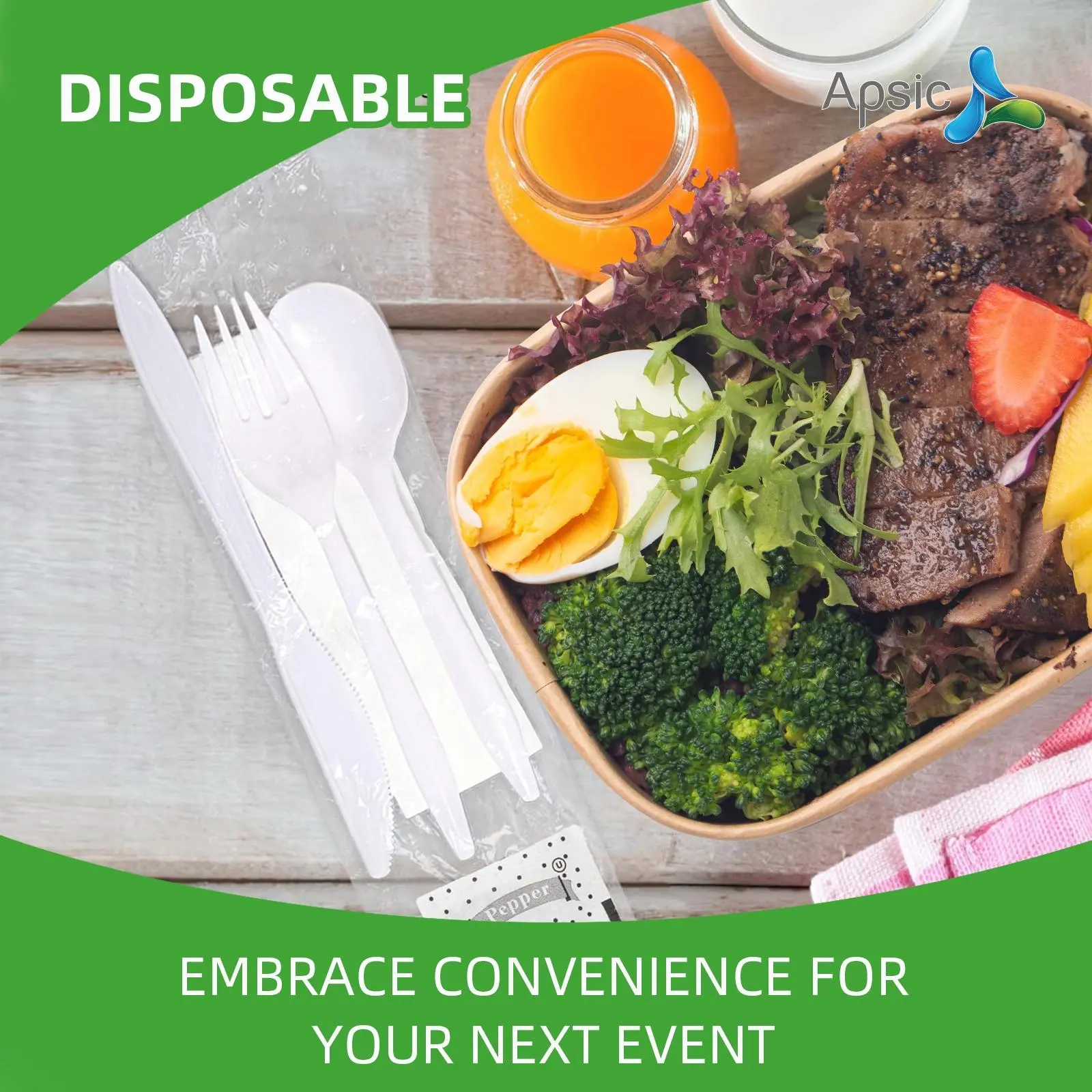 250-Set 6-in-1 Polypropylene Cutlery Set - Apsic Disposable Plastic Silverware with Forks, Spoons, Knives, Napkins, Salt & Pepper - White Individually Wrapped To Go Flatware for Restaurant, Party, Banquet