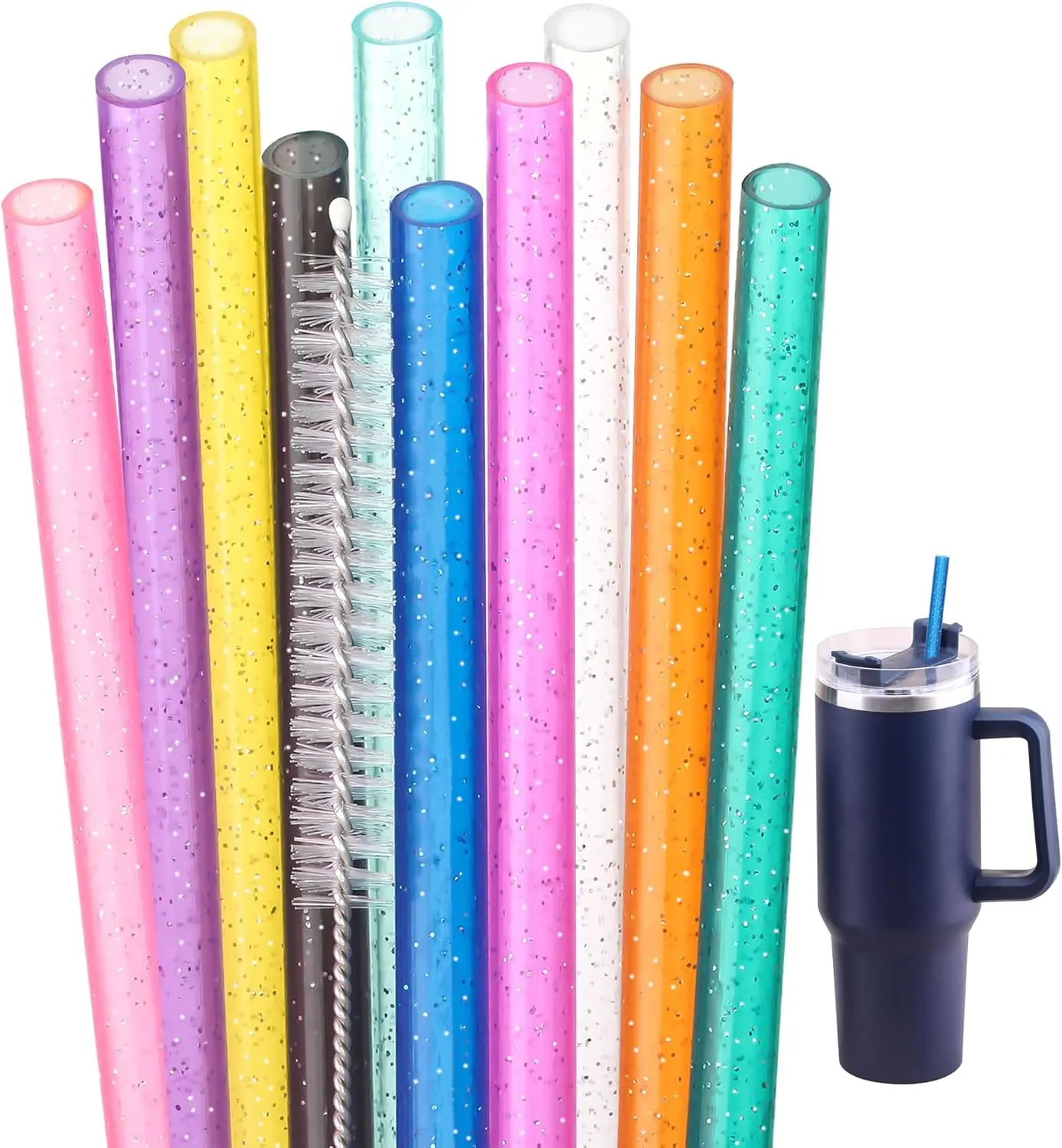 Replacement Glitter Straws for || 40oz 30oz Tumbler,10 Pack 13 Inch  Straws With Cleaning Brush For  Hydro Jug Cup,Dishwasher Safe (Mix 10color)