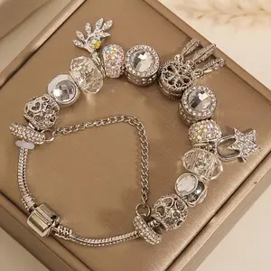 Beautiful Elegant Girls Charm Bracelet Silvery Shiny Fashion Luxury Beaded Bracelet With Stars And Feather Charm Delivered In Gift Box