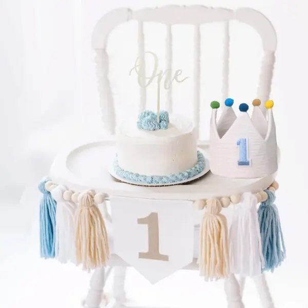 Baby 1st Birthday Celebration Supplies Kit - Solid Wood Crown Cake Topper, Blue High Chair Banner, Safe Modern Home Decor Hanging Ornaments