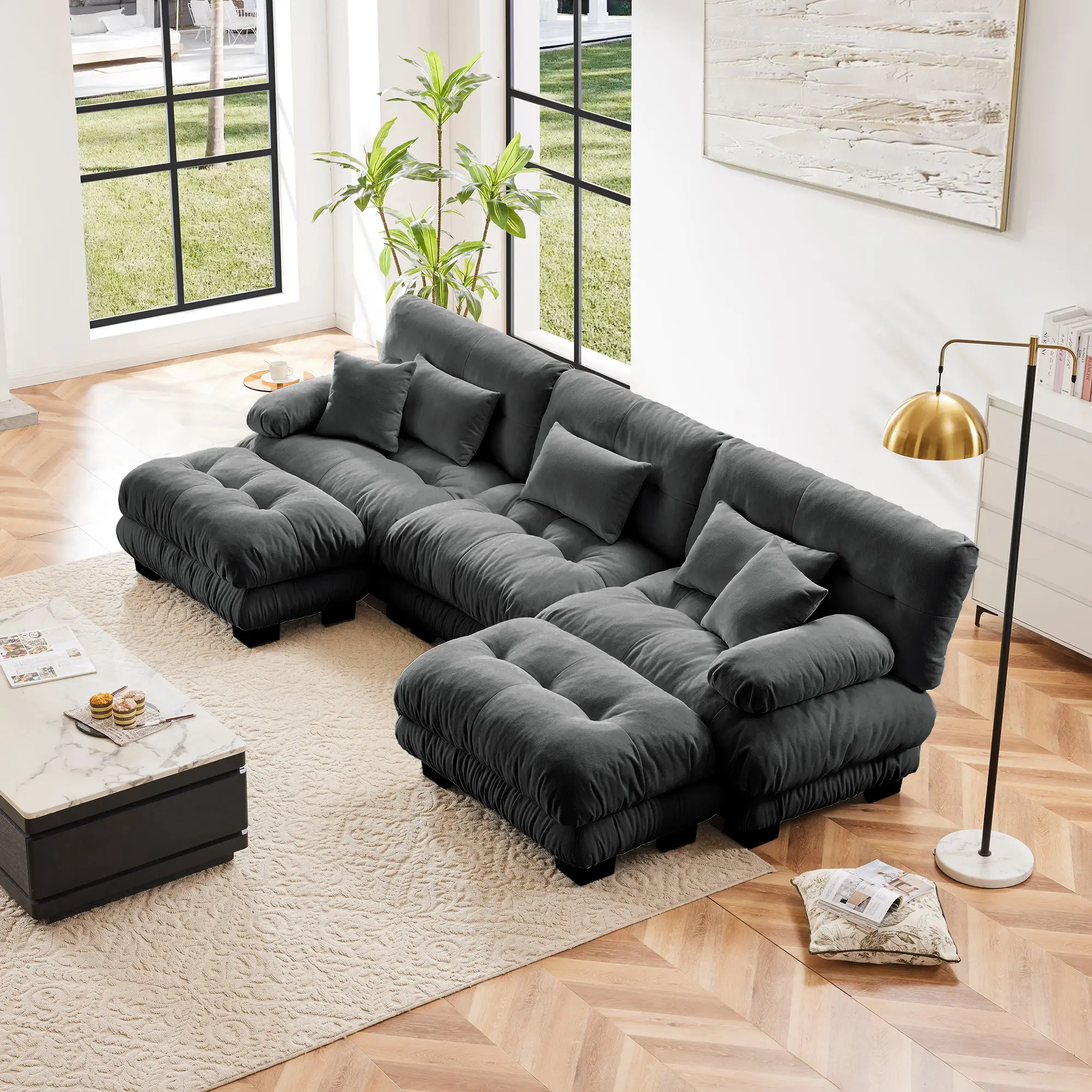 Upholstered Cloud U-Shaped Modular Boneless Sectional Couch - Sturdy Cotton-Vintage Chenille, 2 Ottomans, Deep Seat, Round Bolster, Durable Cushions, Vacuum-Packed for Transport, Freely Arranged for Living Rooms, Apartments, Vacuum-Packed For Easy Transpo