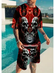 Men's Sporty Casual Set, Blood Skull Pattern, Short Sleeve Shirt and Track Shorts, Fitted Drop Waist, All over Print, Streetwear