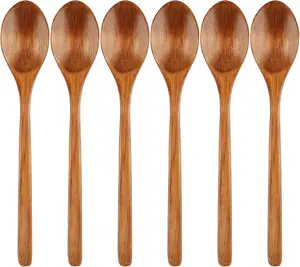 6 Pcs Wooden Spoons, 9 Inch Wood Soup Spoons for Cooking Mixing Eating,Oval Long Handle