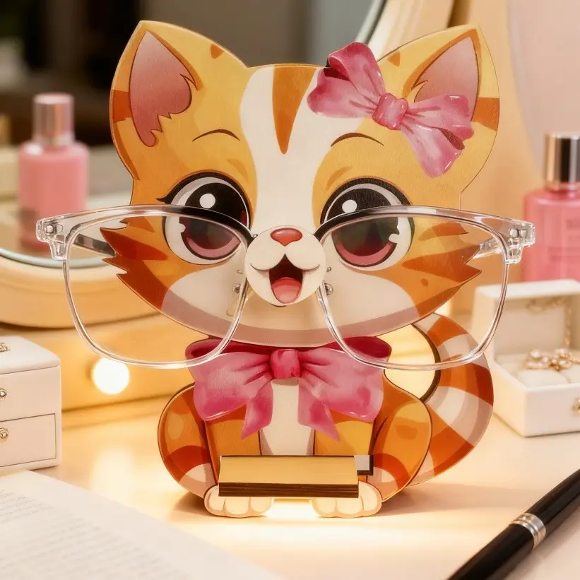Cute Cat Glasses Stand - Wooden Glasses Stand, Suitable for Home Office, Desk, Party Decoration - Women's Birthday Gift, Aesthetic Desk Accessories, Fun Design, Glasses Display Stand, Home Decoration, Girly Office Supplies