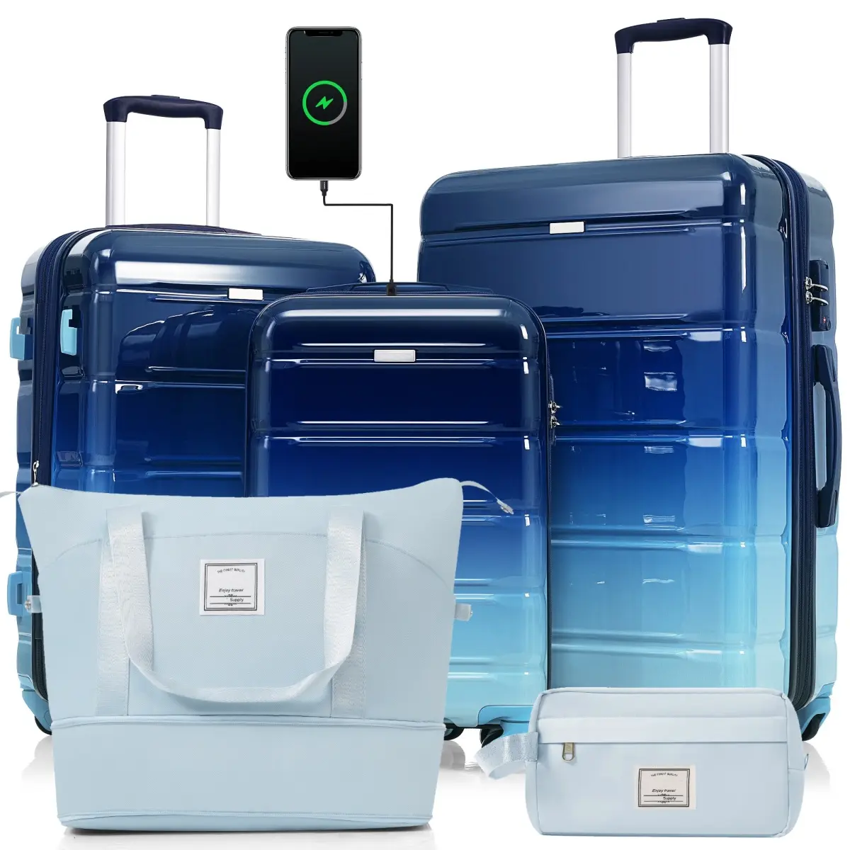 5-Piece Navy Hardshell Luggage Set, ABS+PC Suitcases with Spinner Wheels & TSA Lock, Carry-On with USB Port & Matching Travel Bag, 19.20 X 11.60 X 28.40 In