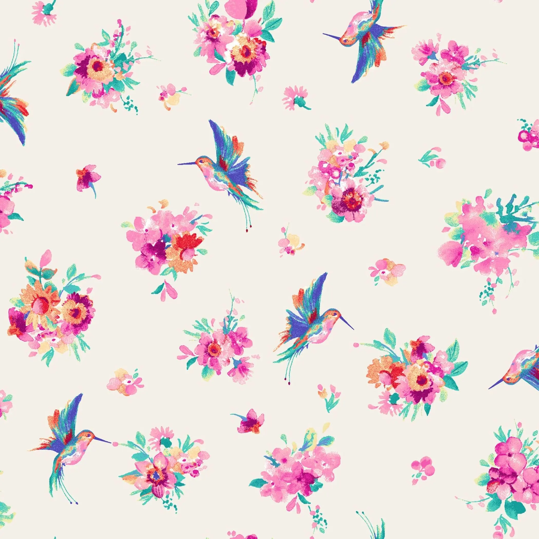 Summer Buzz Hummingbird and Floral Cotton Fabric