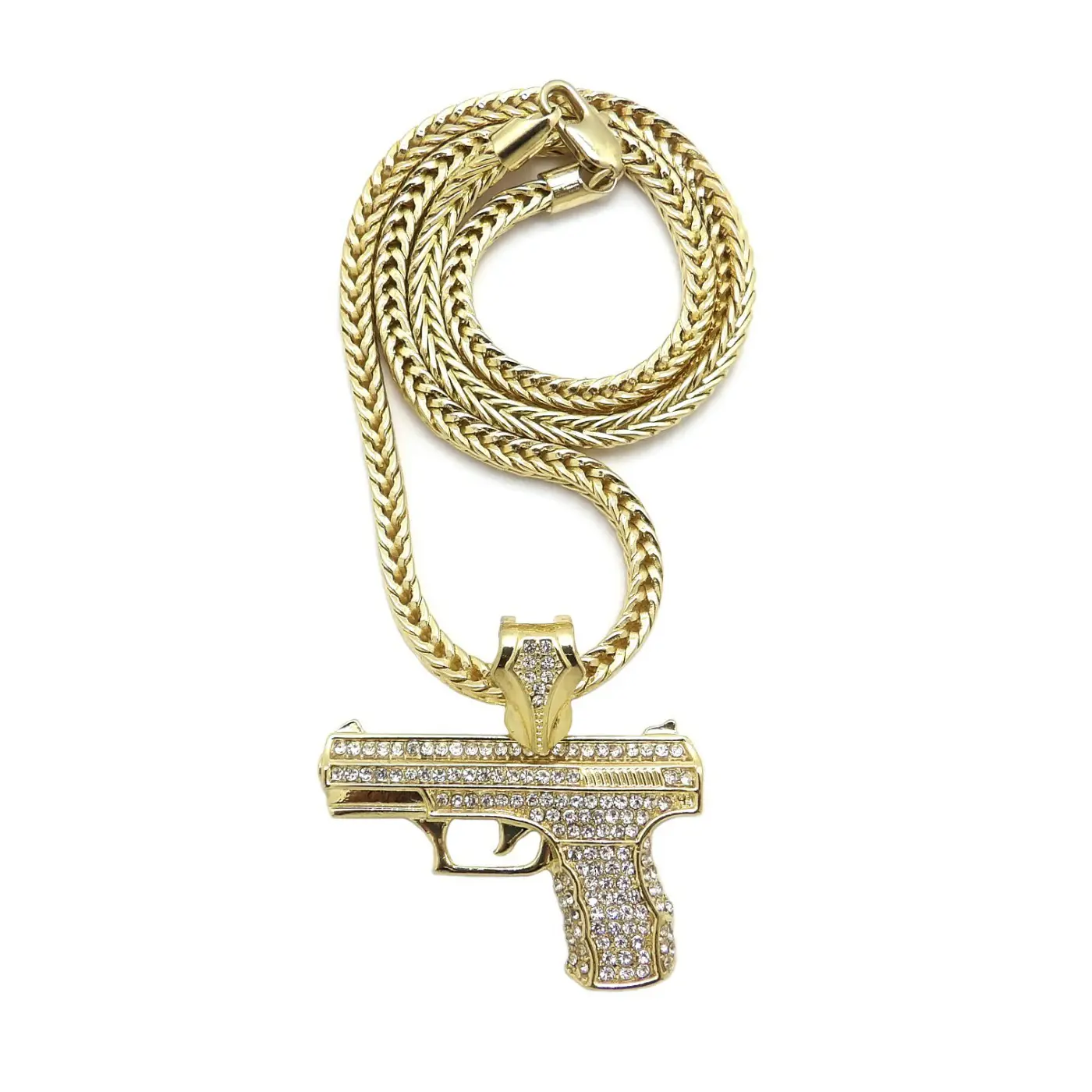 MaxBling81 Unisex Glossy Steel Gun Shape Pendant with CZ Accents, 4mm Franco Chain & Link Necklace (18-20-24in Sizes) - Metal Coated Hip Hop Adult Everyday Costume Jewelry Accessory, Casual, Multi-Size