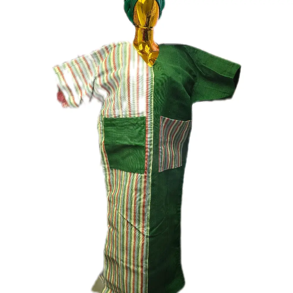 Adiya Asooke Kaftan Dress with Head Wrap - Green and Striped Design for Women