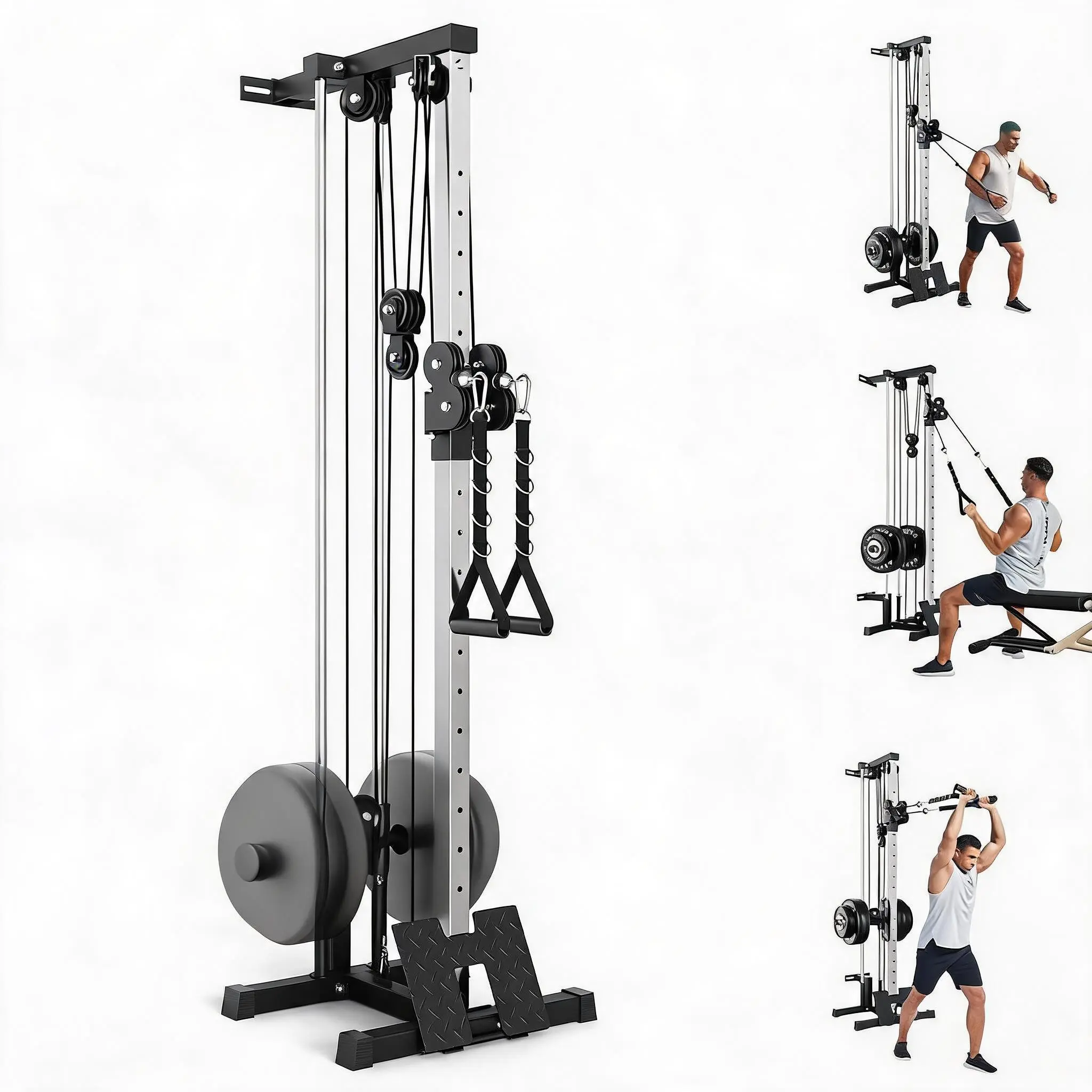 Wall Mount Cable Station Dual Pulley Cable Crossover Machine, 19 Adjustable Positions 400LBS Capacity Home Gym Cable Machine, LAT Pulldown Tricep Rope T-Bar Foot Board Included, Space Saving Strength Training Equipment for Garage Apartment pullover