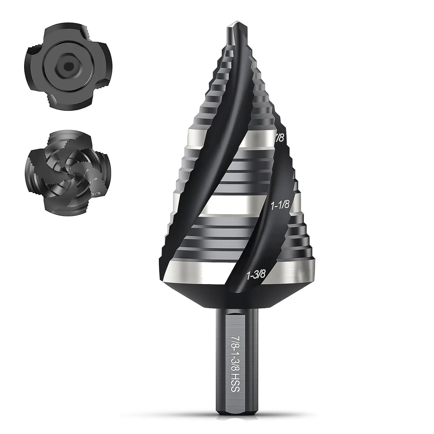 THINKWORK Four Spiral Flute Step Drill Bit, HSS Step Drill Bit3/16-1-3/8 (3 Popular Sizes) Unibit Step Drill Bit, 1/4" Shank Step Bits for Aluminum, Wood, Plastic, Metal