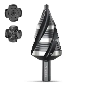 THINKWORK Four Spiral Flute Step Drill Bit, HSS Step Drill Bit3/16-1-3/8 (3 Popular Sizes) Unibit Step Drill Bit, 1/4" Shank Step Bits for Aluminum, Wood, Plastic, Metal