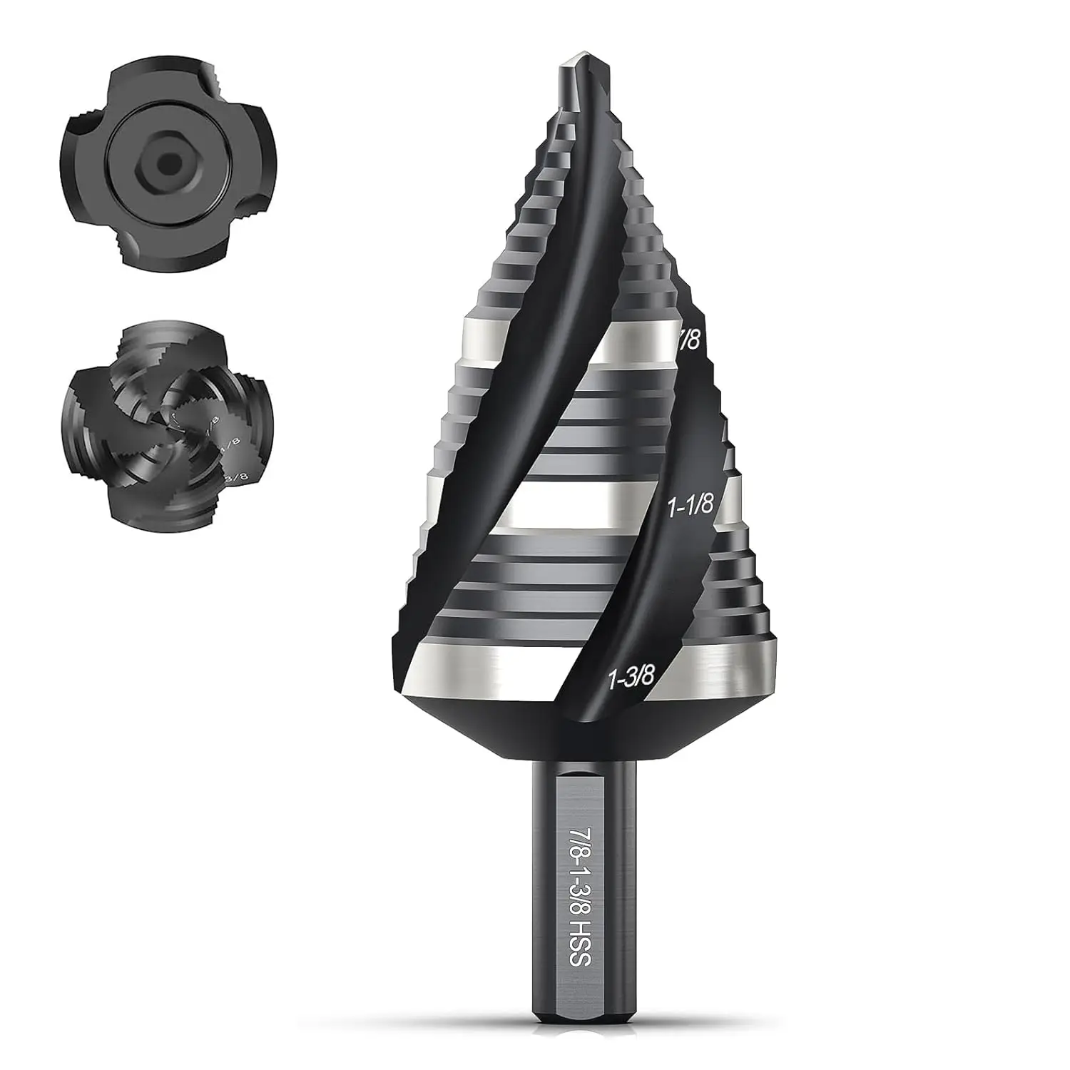 THINKWORK Four Spiral Flute Step Drill Bit, HSS Step Drill Bit3/16-1-3/8 (3 Popular Sizes) Unibit Step Drill Bit, 1/4" Shank Step Bits for Aluminum, W