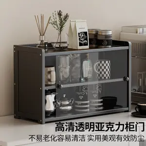 Desktop Cup Storage Rack With Sliding Door Dustproof Cabinet, Coffee Mug Display Shelf For Table, Multi-layer Storage, Easy Assembly, Multi-purpose