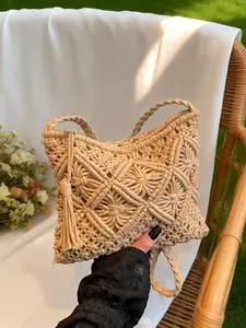 Solid Color Hollowed Out Crossbody Bag, Single Shoulder Diagonal Woven Bag, Forest Style Artistic Vacation Bag, Spring & Fall Fashion Accessory, Crossbody Shoulder Handbag