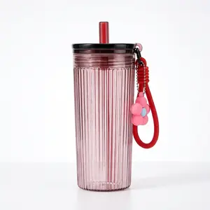 Viral TikTok Aesthetic Straw Cup | 650ml Leakproof Tumbler with 3D Ribbed Texture & Cute Flower Strap | Perfect for Girls, School, Travel & TikTok Content Creation | Portable, Durable & Fashionable Water Bottle Drinkware Mug  Reusable Washable