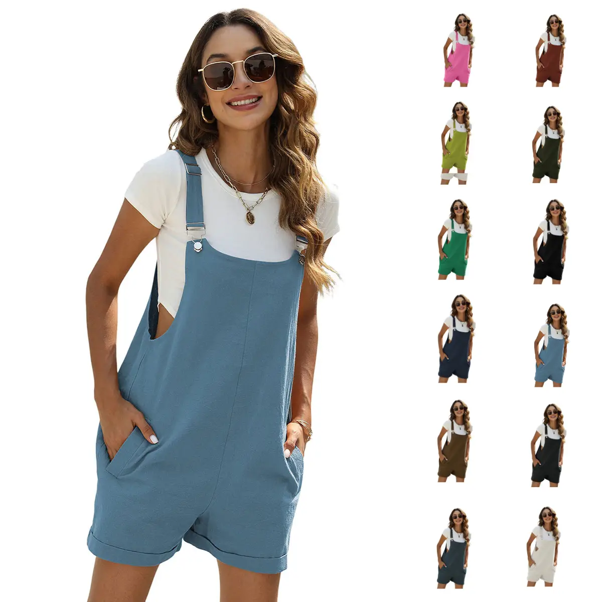 Yeokou Women's Cotton Linen Shorts Overall Casual Summer Bib Overall with Pockets