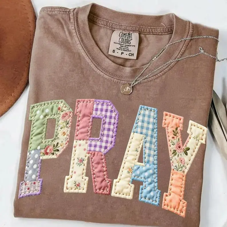 Comfort Colors Pray PRINTED T-shirt Faux Quilted Religious Faux Easter Christian Varsity Faith Tshirt Preppy Cottagecore Jesus Gift - Monogram Wear