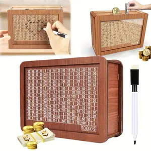 Wooden Money Storage Jar Money Bank - Countdown Savings Box with $10000 Target Larger Size for Adults & Kids Secure Cash Vault