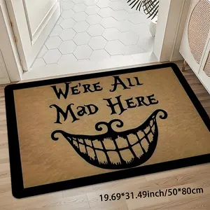 Super Soft 8mm Thick Cheshire Cat We're All Mad Here Slogan Door Mat, Alice Wonderland Style Welcome Mat for Entryway, Non-Slip 850gsm Washable Floor Mat, Home Decor Rug for Kitchen Bathroom Bedroom Living Room Office Balcony Porch Garden Home Decor