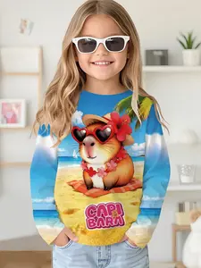 Blue and yellow gradient beach capybara digital printed long-sleeve crewneck drop-shoulder sweatshirt top T-shirt, long-sleeve T-shirt clothing for girls in spring and autumn, 100% polyester, the best gift for girls