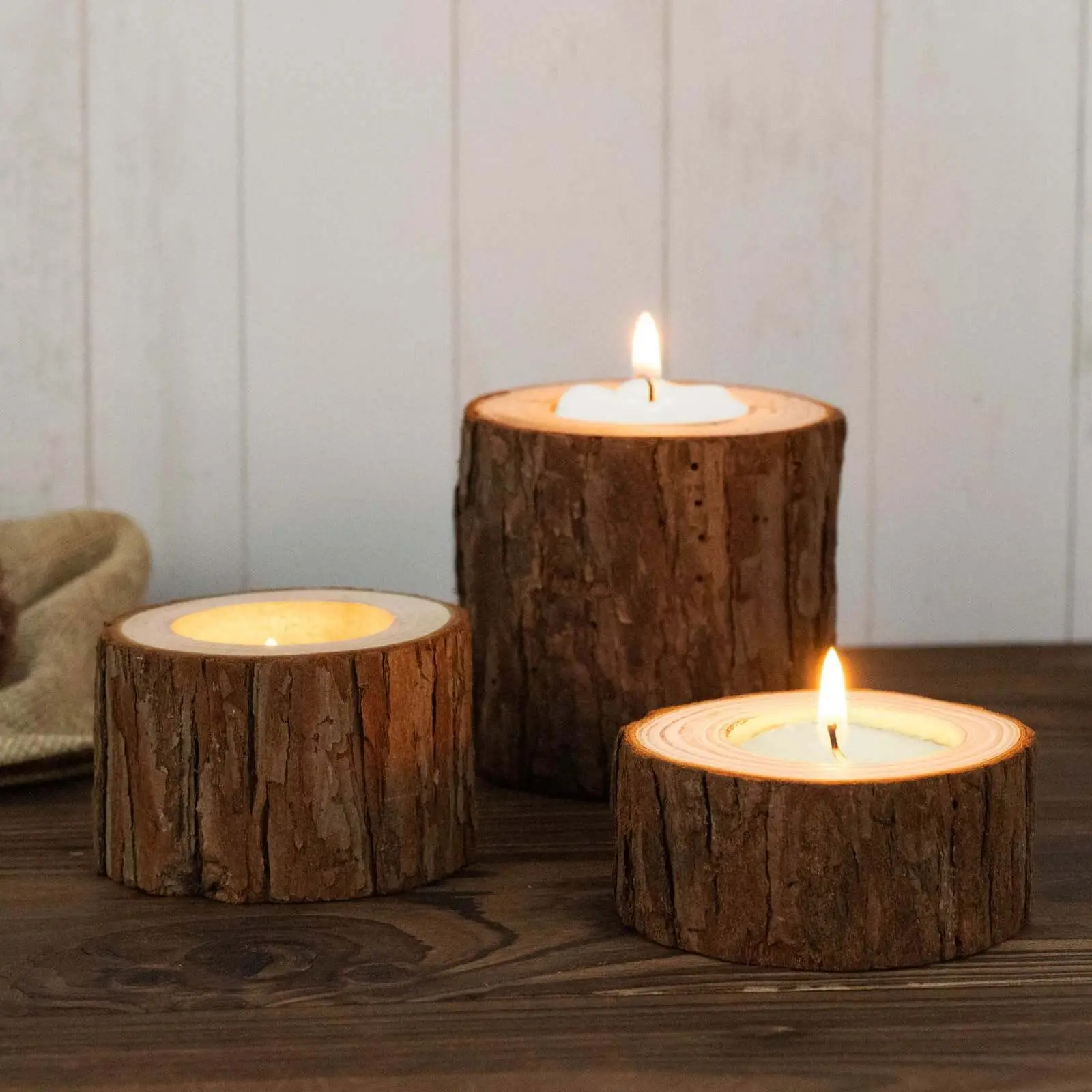 Multi-Size Rustic Wood Slice Votive Candle Holders (3 Pieces, 2.75in, 1.5in, 1.25in) - Cottage Decor, Farmhouse Accent, Campfire/BBQ Party Table Settings Home Decor Supplies