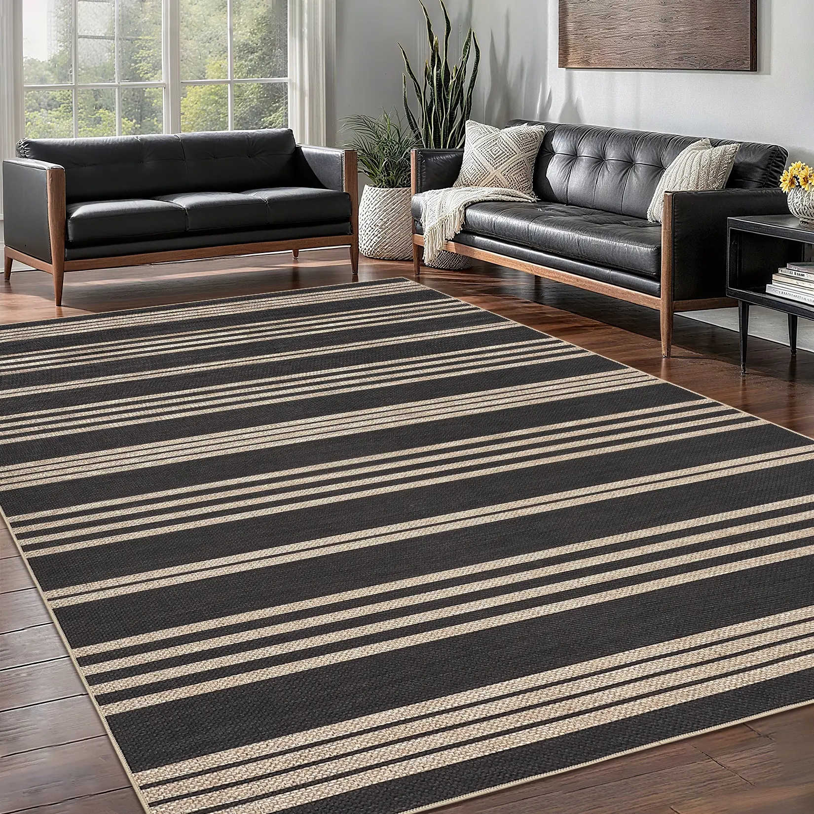 Large-Size Modern Striped Jute Low Pile Rug - Anti-Slip, Non-Shedding, Foldable, Stain-Resistant Indoor/Outdoor Safe Area Rug for Patios, Bedrooms, Restaurants, Low Pile Rugs, Anti Slip Area Rugs