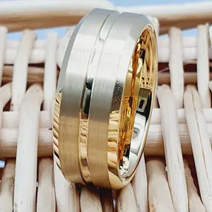 Mens Gold Wedding Ring, Unique Gold Wedding Band, Tungsten Wedding Band for Men