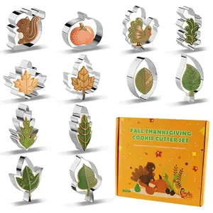 12Pcs Fall and Thanksgiving Cookie Cutter Set Leaf-shaped Stainless Steel Molds- Turkey, Squirrel, Acorn, Maple Leaf & More- Ideal for DIY Holiday Baking, Cake Decoration- Autumn Handmade with Love, Gift for Baking Enthusiast, Cookie Cutters Home