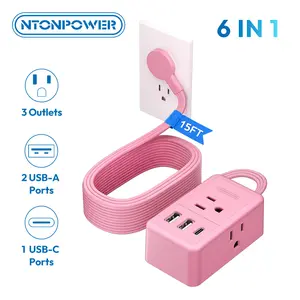 NTONPOWER Pink Extension Cord 15 ft, Pink Power Strip Flat Wall Plug with 3 Outlets 3 USB (1 USB C), Flat Extension Cord for Home Office Dorm Room Essentials outdoor fun