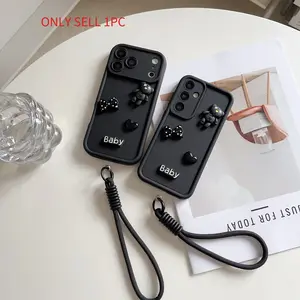 Suitable for Infinix Tecno series Note30/Note40/Note50/Smart7/Smart8/Smart9/Smart10/Hot30/Hot40/Hot50/Hot60/Spark10/Spark20/Spark30C/Spark40C, Black 3D Cute Bear+Woven Hand Rope Hanging Phone Case with Detachable Hanging Rope