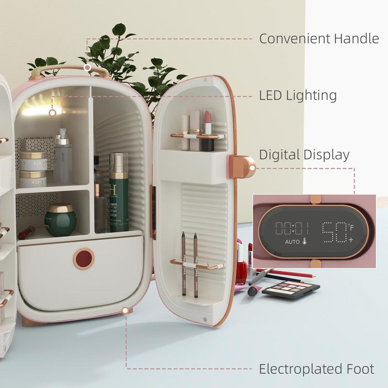 HOMCOM Portable Skincare Fridge with LED Display, 12L Mini Fridge for Beauty, Makeup and Cosmetics, Small Refrigerator Cooler for Bedroom, Home Office, Desktop, Pink